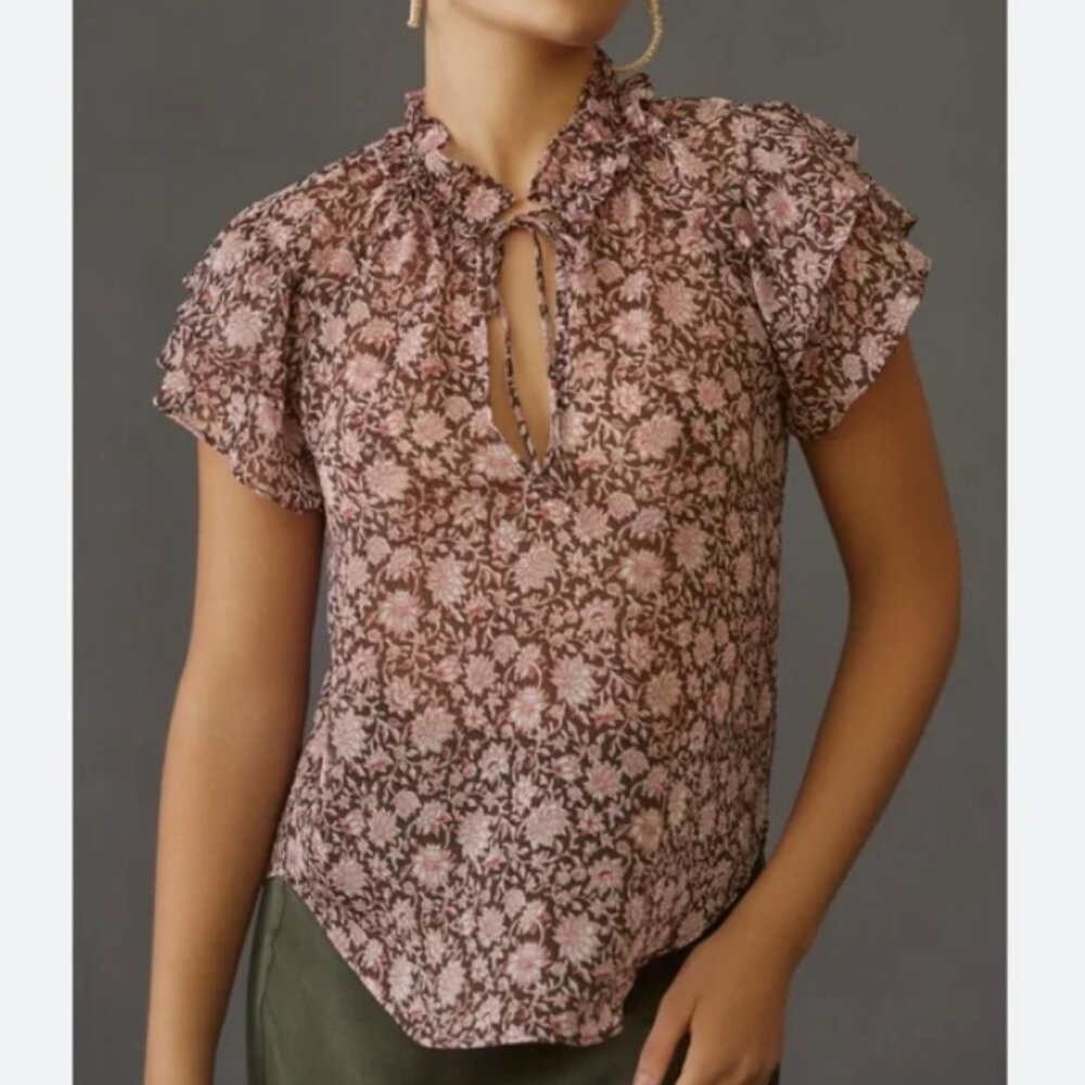 Anthropologie Brown and Red Floral Ruffle Sleeve Blouse